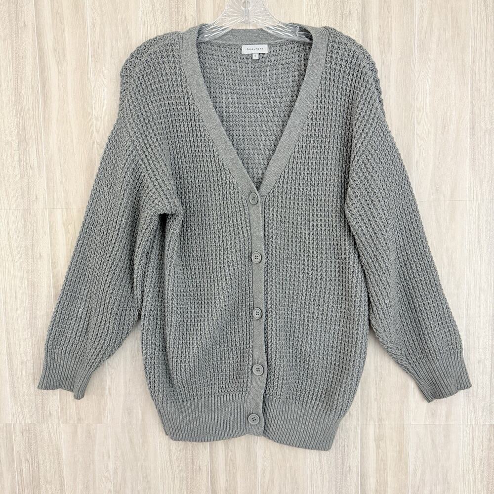 QUALFORT Cardigan Knit Sweater Womens Size Small Gray Oversized Button-Up Lounge